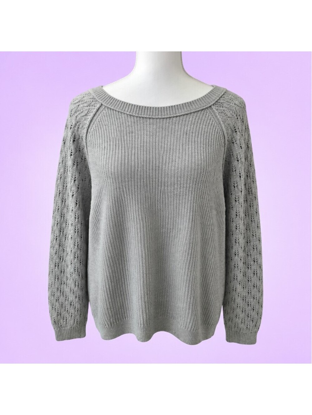 LOFT Womens XL Gray Button Back Sweater Pointelle Sleeve Cotton Blend